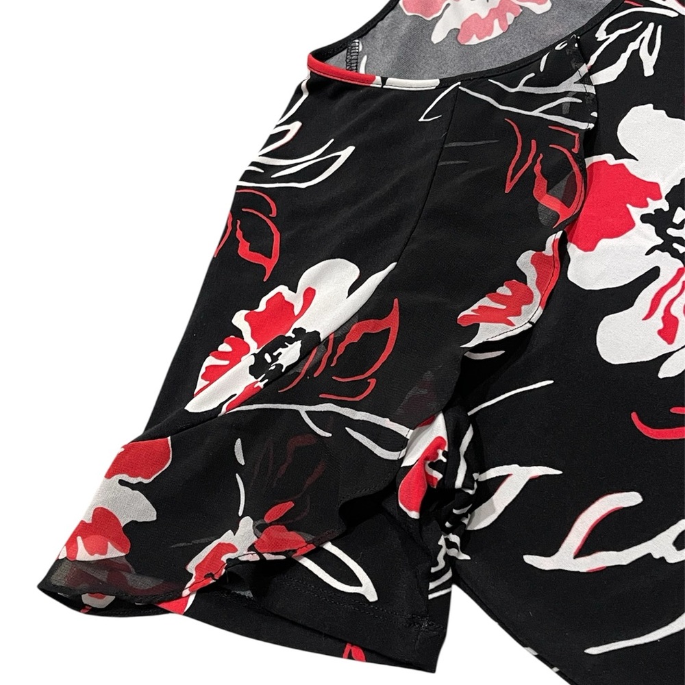 CALVIN KLEIN Womens Floral Top XL Black Red White Short Ruffle Sleeve Round Neck - Picture 8 of 10